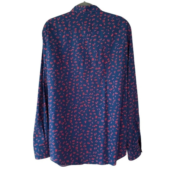 Perry Ellis, Stretch Slim Fit Floral Pattern Button-down Shirt, Navy Blue, Pink - Picture 5 of 12